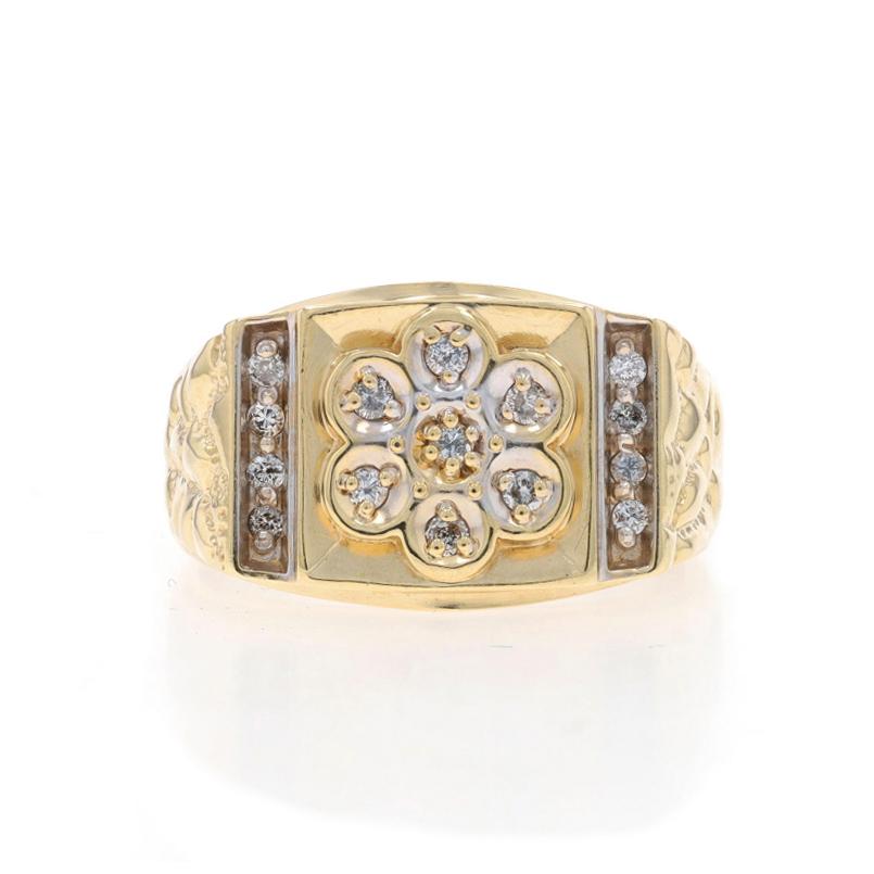 Size: 10 1/2
Sizing Fee: Up 2 sizes for $30 or Down 1 size for $30

Metal Content: 10k Yellow Gold & 10k White Gold

Stone Information

Natural Diamonds
Carat(s): .25ctw
Cut: Round Brilliant
Color: J - K
Clarity: I1 - I2

Total Carats: