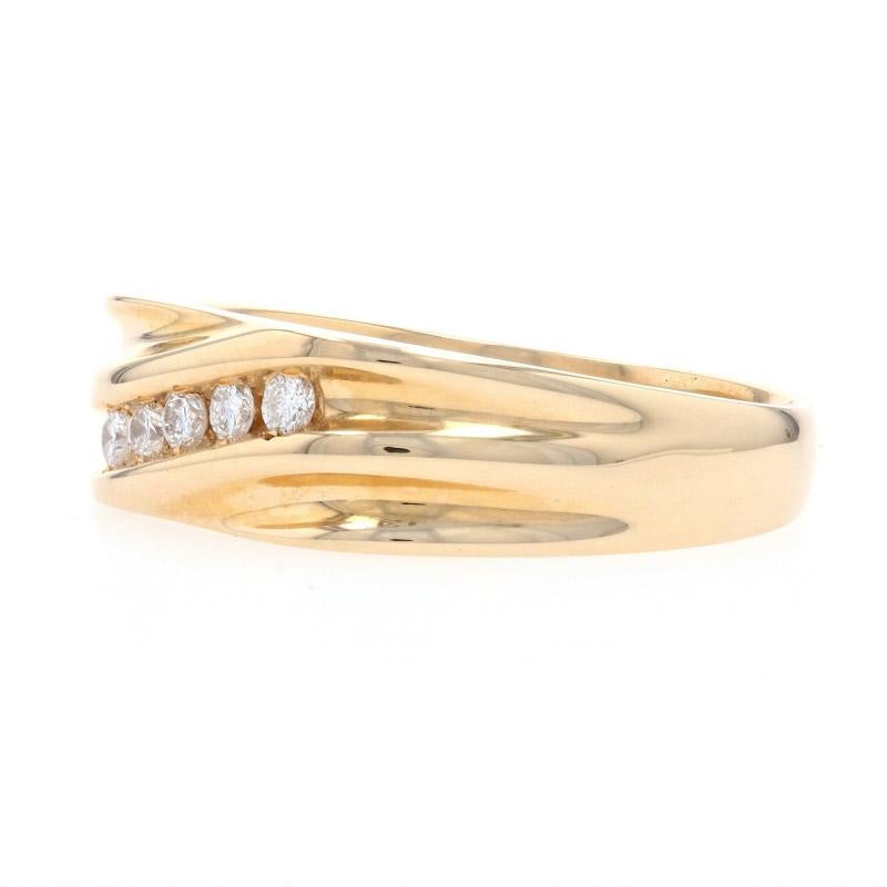 Handsome and refined, this fine band will be an excellent choice for the man in your life! This 14k yellow gold ring features a sparkling row of five diamonds that are highlighted by ribbed detailing flowing around the diagonally-set gemstones. 
 
