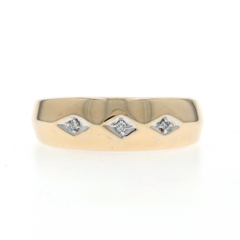 Size: 10 3/4
Sizing Fee: Up 2 sizes for $50 or Down 1 size for $40

Metal Content: 10k Yellow Gold 
10k White Gold

Stone Information

Natural Diamonds
Cut: Round Brilliant
Stone Note: 3 small

Style: Three-Stone Band

Measurements

Face Height