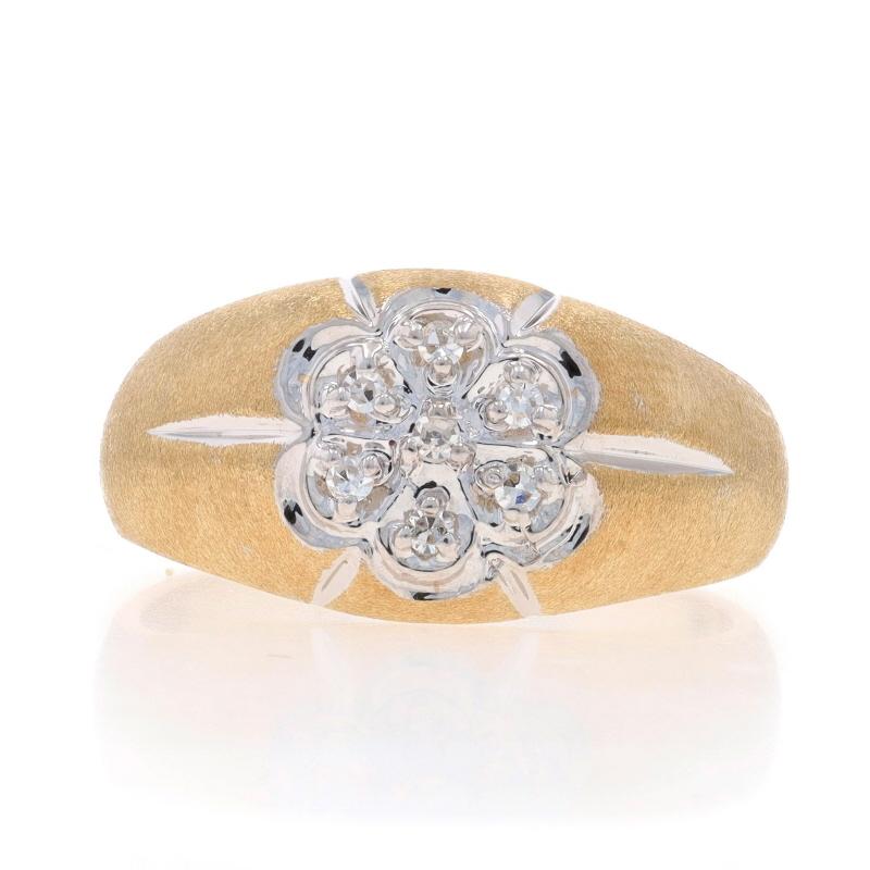 Size: 9 1/2
Sizing Fee: Up 3 sizes for $30 or Down 1 1/2 sizes for $30

Metal Content: 10k Yellow Gold & 10k White Gold

Stone Information

Natural Diamonds
Carat(s): .10ctw
Cut: Single
Color: H - I
Clarity: VS2 - SI1

Total Carats: .10ctw

Style: