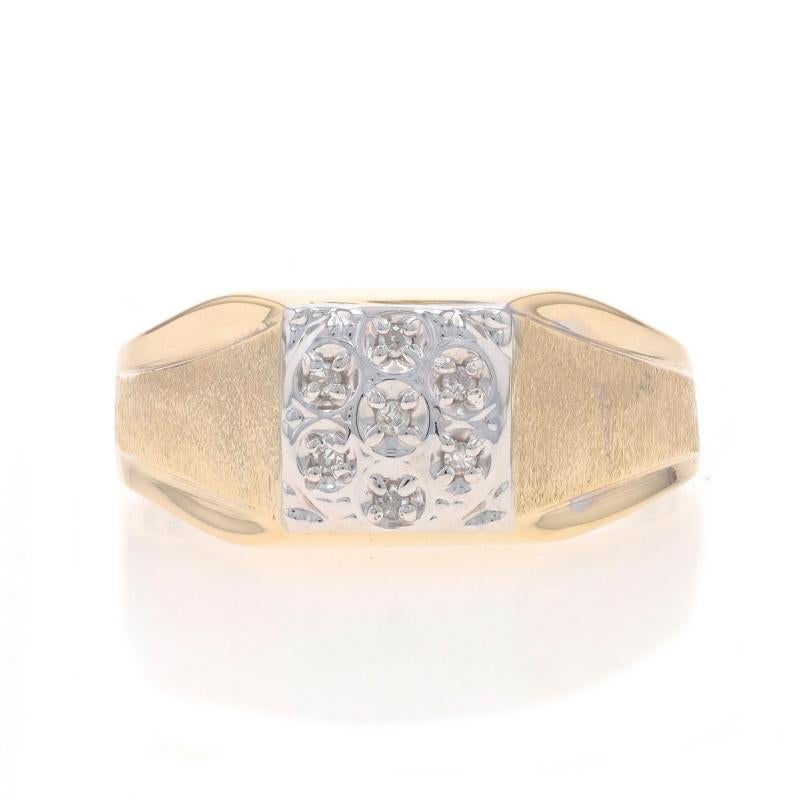 Size: 12 3/4
Sizing Fee: Up 3 sizes for $35 or Down 2 sizes for $35

Metal Content: 10k Yellow Gold & 10k White Gold

Stone Information

Natural Diamonds
Carat(s): .07ctw
Cut: Single
Color: G - H
Clarity: I1 - I2

Style: Cluster
Features: Brushed