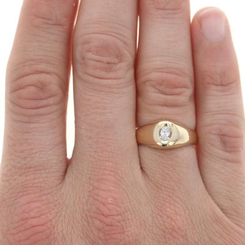 Size: 9
Sizing Fee: Up 2 sizes for $50 or down 3 sizes for $40

Metal Content: 14k Yellow Gold

Stone Information
Natural Diamond
Carat: .28ct
Cut: Oval
Color: H
Clarity: SI1

Style: Solitaire

Measurements
Face Height (north to south): 13/32