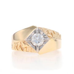 Yellow Gold Diamond Men's Ring - 14k Round .70ct Solitaire Euro Shank Textured