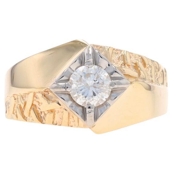 Yellow Gold Diamond Men's Ring - 14k Round .70ct Solitaire Euro Shank Textured