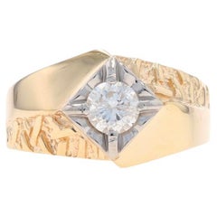 Yellow Gold Diamond Men's Ring - 14k Round .70ct Solitaire Euro Shank Textured