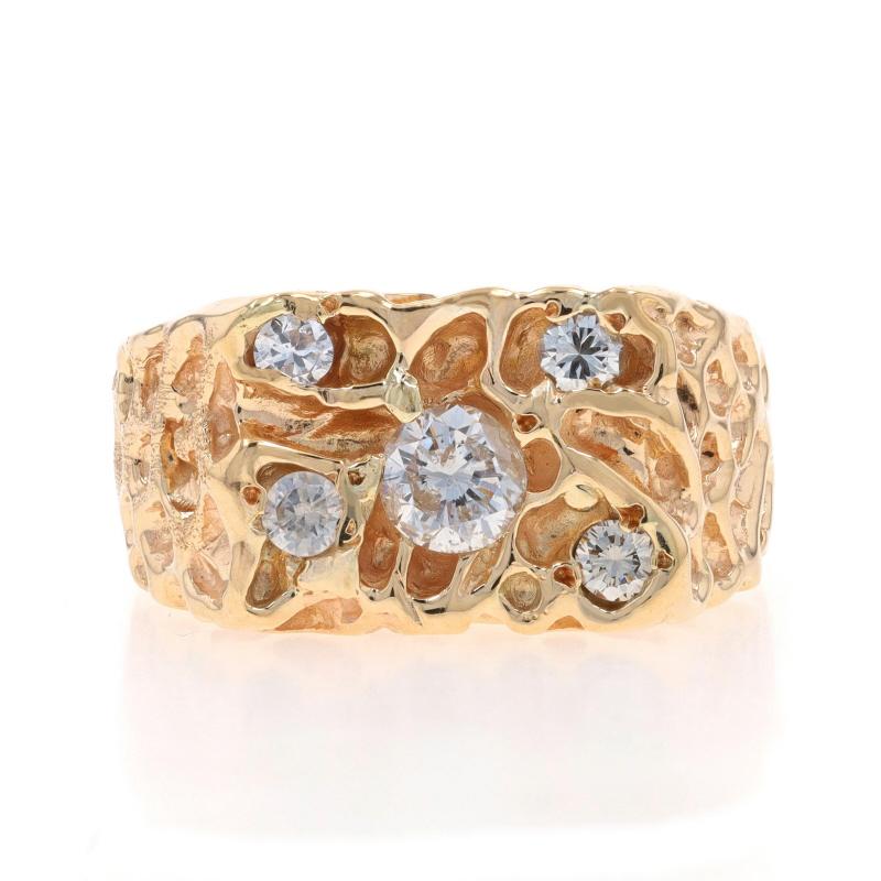 Size: 11
Sizing Fee: Up 1 size for $50 or Down 1 size for $30

Metal Content: 14k Yellow Gold

Stone Information
Natural Diamond
Carat(s): .65ct
Cut: Round Brilliant
Color: G
Clarity: I2
Stone Note: (center)

Natural Diamonds
Carat(s): .45ctw
Cut: