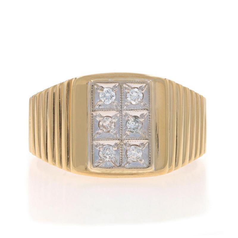 Size: 10 1/2
Sizing Fee: Up 3 sizes for $40 or Down 2 sizes for $30

Metal Content: 14k Yellow Gold & 14k White Gold

Stone Information

Natural Diamonds
Carat(s): .18ctw
Cut: Round Brilliant
Color: H - I
Clarity: SI1 - I1

Total Carats: