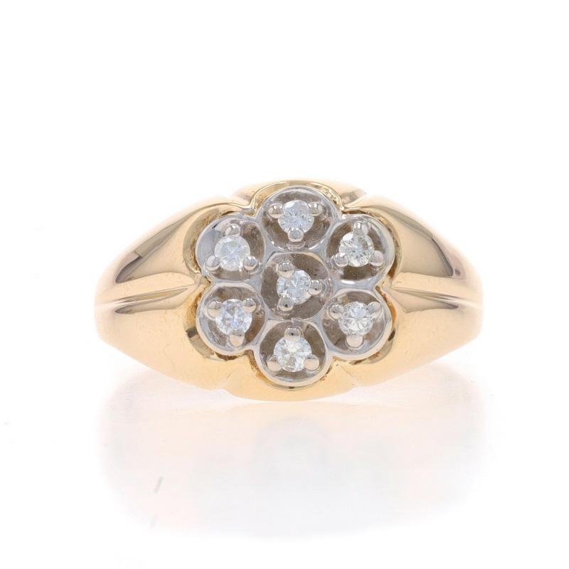 Size: 10
Sizing Fee: Up 2 1/2 sizes for $35 or Down 2 sizes for $35

Metal Content: 14k Yellow Gold & 14k White Gold

Stone Information

Natural Diamonds
Carat(s): .25ctw
Cut: Round Brilliant
Color: G - H
Clarity: SI1 - SI2

Total Carats: