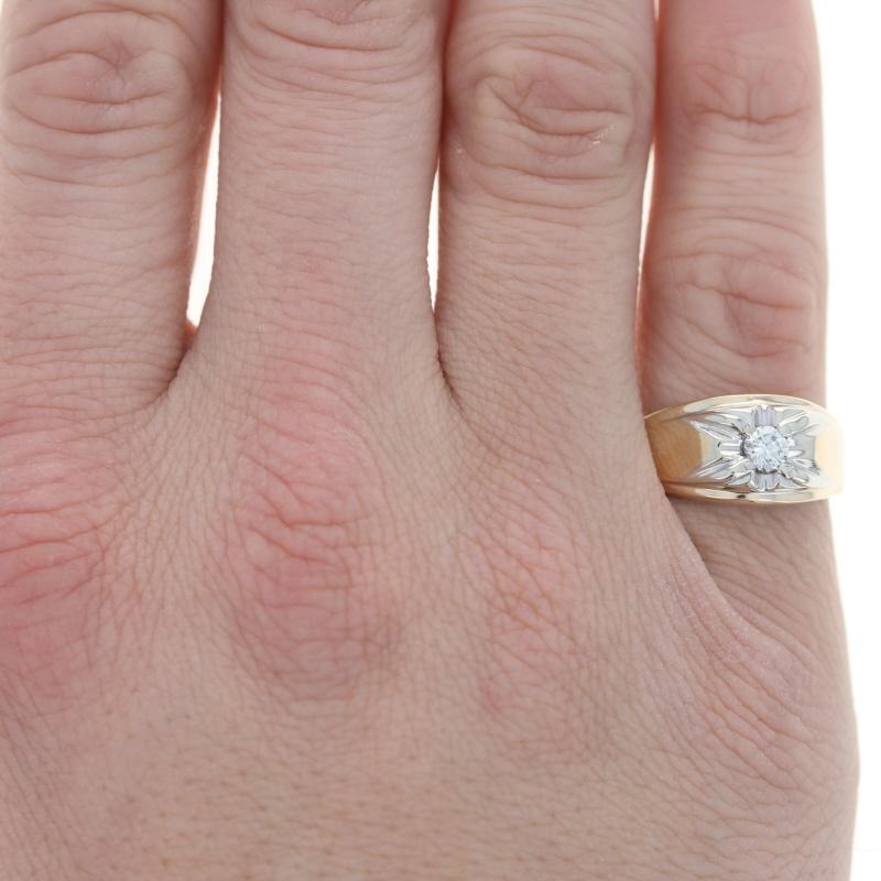 Size: 7 1/2
Sizing Fee: Down 2 for $40 or up 2 for $50

Metal Content: 14k Yellow Gold & 14k White Gold

Stone Information
Natural Diamond
Carat: .28ct
Cut: Round Brilliant
Color: J
Clarity: SI1

Style: Solitaire
Features: Etched