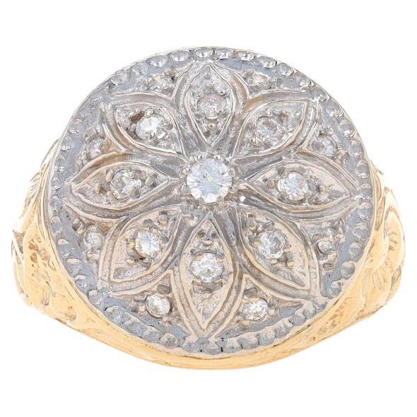 Yellow Gold Diamond Men's Ring - 14k Round Brilliant .40ctw Floral Medallion For Sale