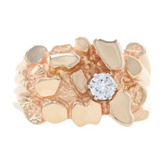 Yellow Gold Diamond Men's Ring, 14k Round Brilliant Cut .33ct Nugget-Textured