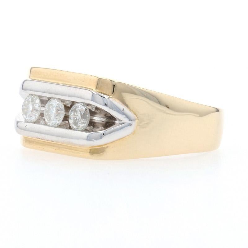 Looking sharp! As a perfect gift for the well-dressed man in your life, this handsome 14k yellow gold ring showcases a trio of sparkling diamonds framed in 14k white gold. 
 
 This ring is a size 7 3/4 - 8, but it can be re-sized up 2 sizes for a