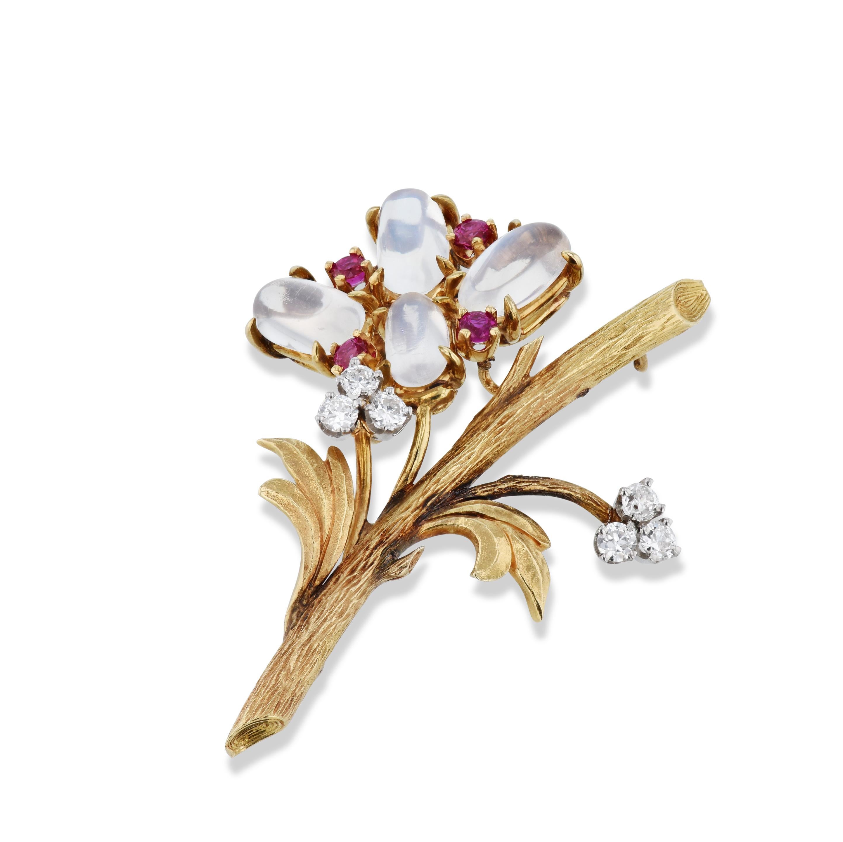 Cabochon Yellow Gold Diamond Moonstone Ruby Flower Estate Brooch For Sale