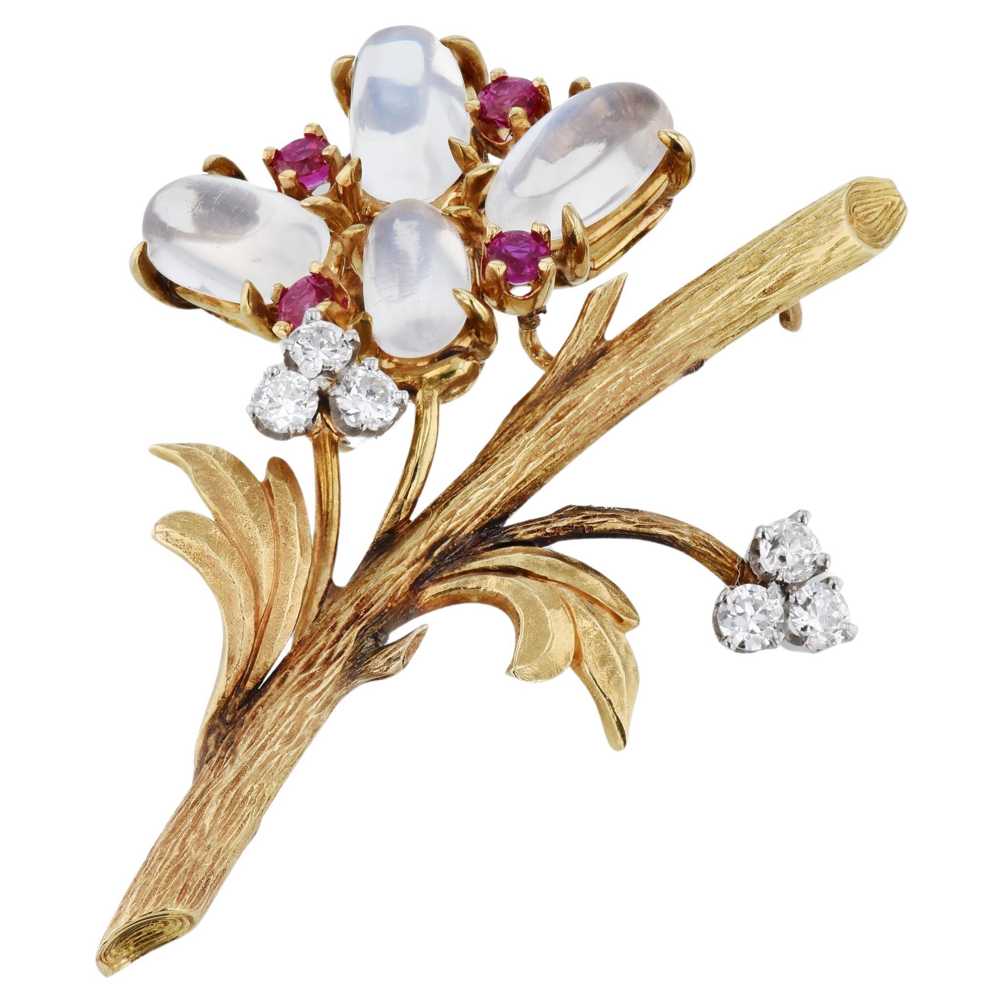 Yellow Gold Diamond Moonstone Ruby Flower Estate Brooch For Sale