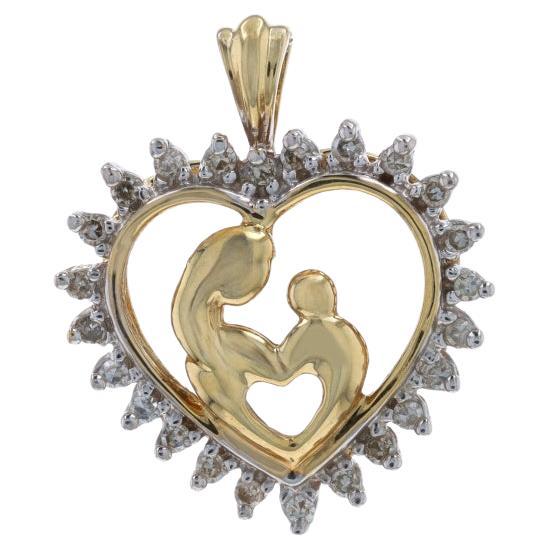 Yellow Gold Diamond Mother & Child Heart Pendant 10k SingleCt .20ctw Family Love