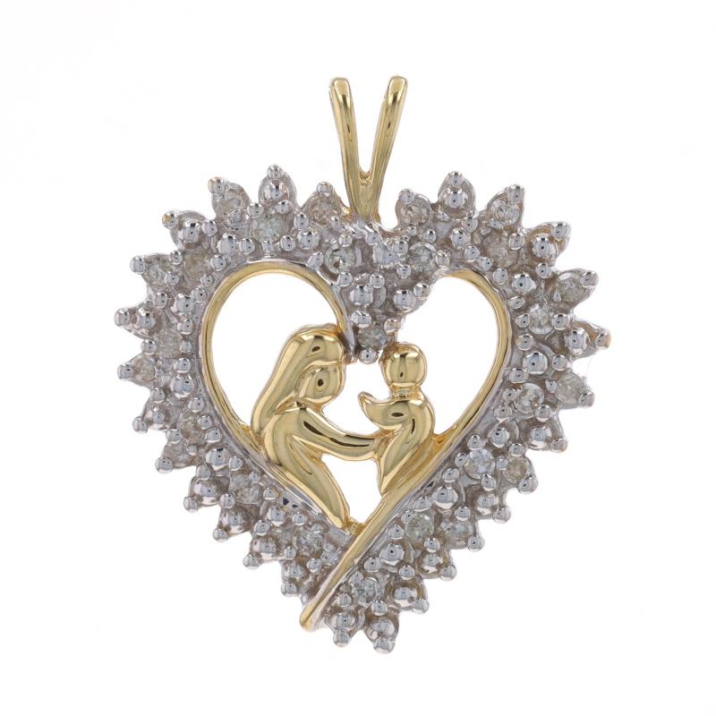 Metal Content: 10k Yellow Gold & 10k White Gold

Stone Information

Natural Diamonds
Carat(s): .20ctw (carat stamp)
Cut: Single
Color: J - K
Clarity: I1 - I2

Total Carats: .20ctw

Theme: Mother & Child Heart, Family Love

Measurements

Tall (from