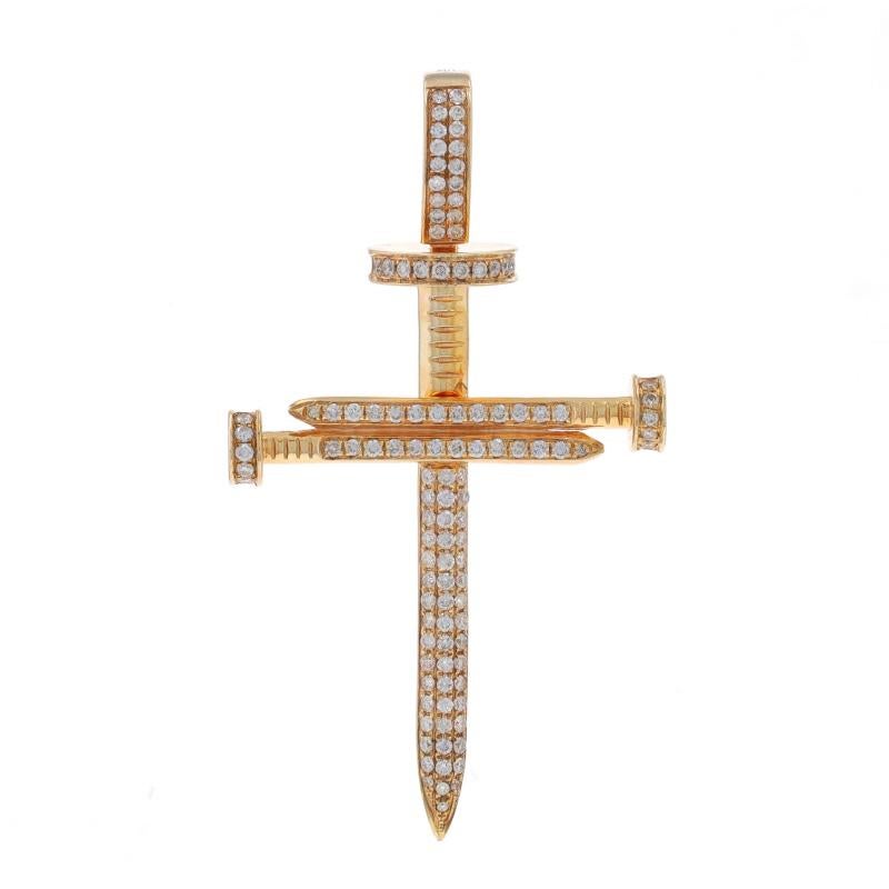 Metal Content: 10k Yellow Gold

Stone Information

Natural Diamonds
Carat(s): 1.00ctw
Cut: Round Brilliant
Color: H - I
Clarity: SI2 - I1

Total Carats: 1.00ctw

Theme: Nails Cross, Faith

Measurements

Tall (from extended bail): 2 1/4