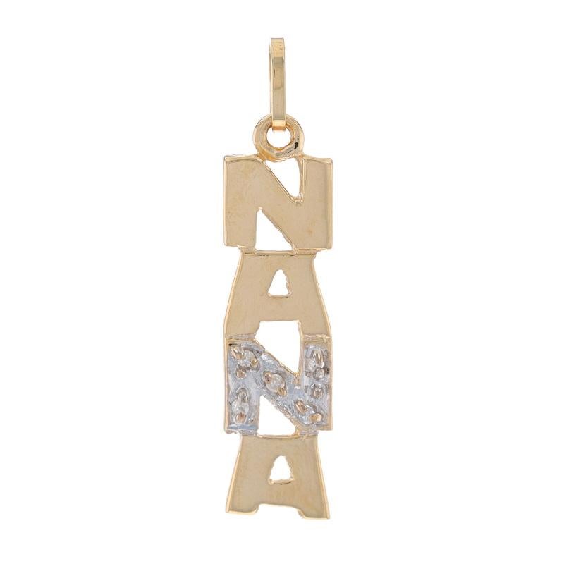 Metal Content: 14k Yellow Gold & 14k White Gold

Stone Information

Natural Diamonds
Cut: Single
Stone Note: (five small accents)

Theme: Nana, Grandmother

Measurements

Tall (from stationary bail): 1
