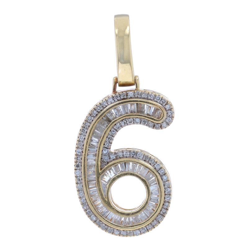 Metal Content: 10k Yellow Gold & 10k White Gold

Stone Information
Natural Diamonds
Carat(s): .45ctw (carat stamp)
Cut: Single & Baguette
Color: H - I
Clarity: SI2 - I1

Total Carats: .45ctw

Theme: Number Six, Lucky Number

Measurements
Tall (from