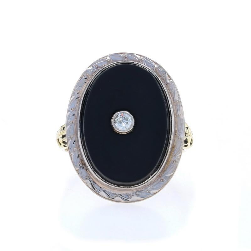 Yellow Gold Diamond Onyx Art Deco Ring - 14k European Vintage Etched Milgrain