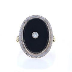 Yellow Gold Diamond Onyx Art Deco Ring - 14k European Vintage Etched Milgrain