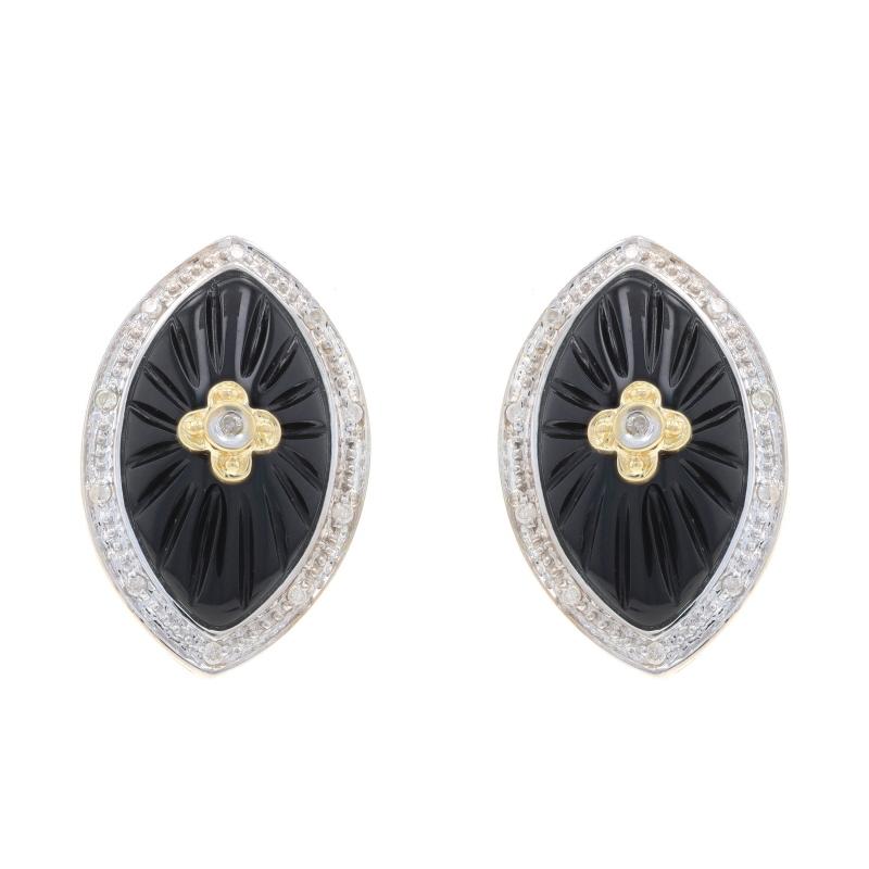 Metal Content: 14k Yellow Gold & 14k White Gold

Stone Information
Natural Diamonds
Carat(s): .20ctw
Cut: Round Brilliant
Color: H - I
Clarity: I1 - I2

Natural Onyx
Cut: Carved
Color: Black

Total Carats: .20ctw

Style: Large Stud
Fastening Type: