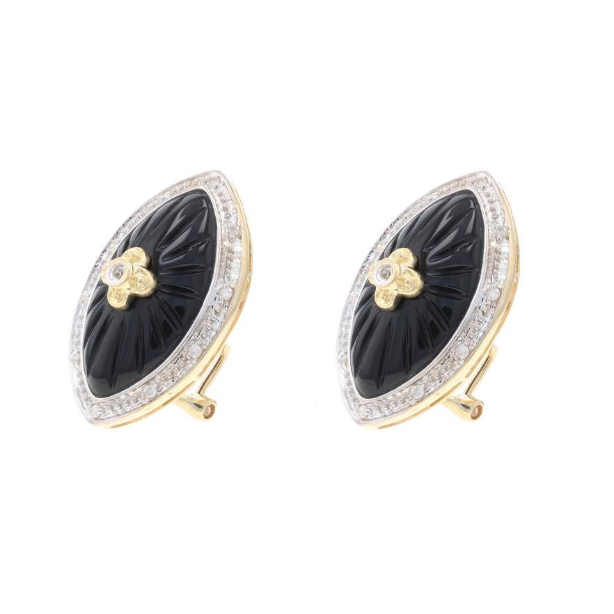 Round Cut Yellow Gold Diamond & Onyx Large Stud Earrings 14k Rnd .20ctw Quatrefoil Flowers For Sale