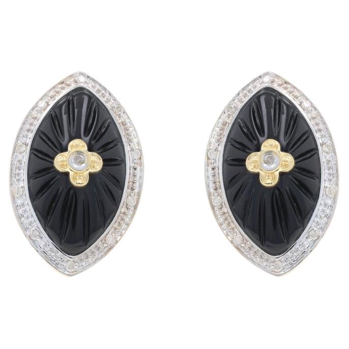 Yellow Gold Diamond & Onyx Large Stud Earrings 14k Rnd .20ctw Quatrefoil Flowers