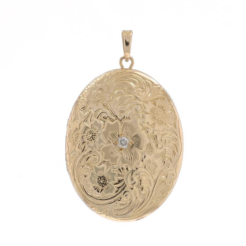 Metal Content: 14k Yellow Gold

Stone Information

Natural Diamond
Carat(s): .03ct
Cut: Round Brilliant
Color: H
Clarity: SI1

Style: Oval Locket
Theme: Flowers
Features: Etched Detailing with Four Photo Frames

Measurements

Tall (from stationary