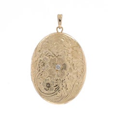 Yellow Gold Diamond Oval Locket Pendant -14k Round Brilliant Flowers Four Frames