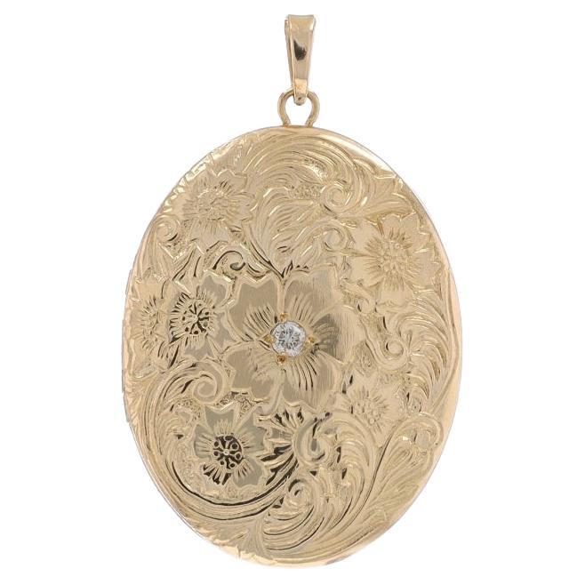 Yellow Gold Diamond Oval Locket Pendant -14k Round Brilliant Flowers Four Frames