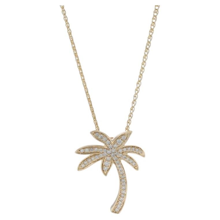 Yellow Gold Diamond Palm Tree Pendant Necklace 18" - 14k Rd.19ctw Beach Tropical For Sale