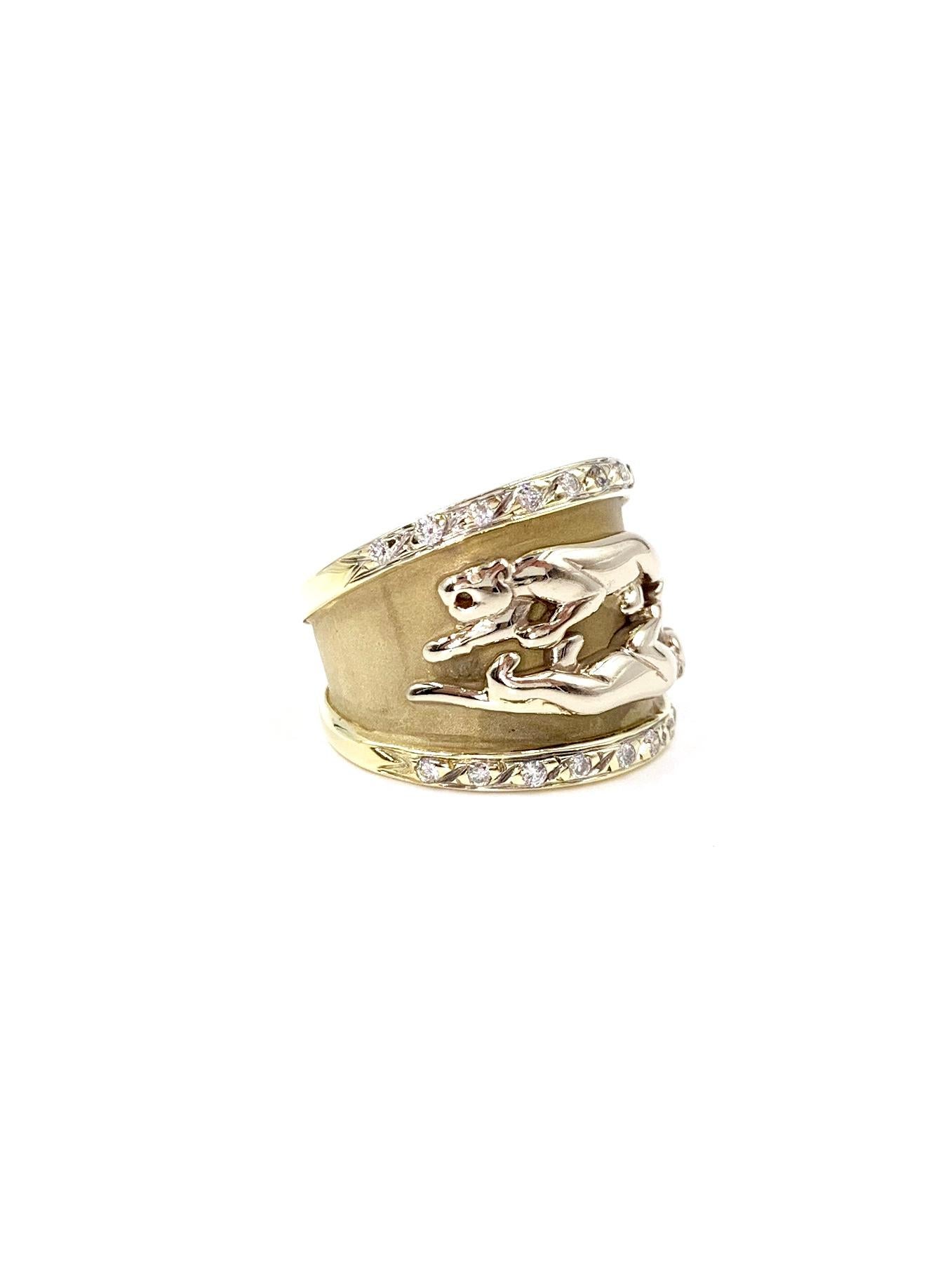 A solid 14 karat yellow gold wide band with an acid wash finish and two raised polished panthers. Polished beveled edges of ring feature 22 diamonds at .25 carats total weight. Diamond quality is approximately G color, VS2 clarity. Width of ring
