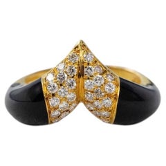 Yellow Gold Diamond Pavé Chevron and Black Enamel Cocktail Ring