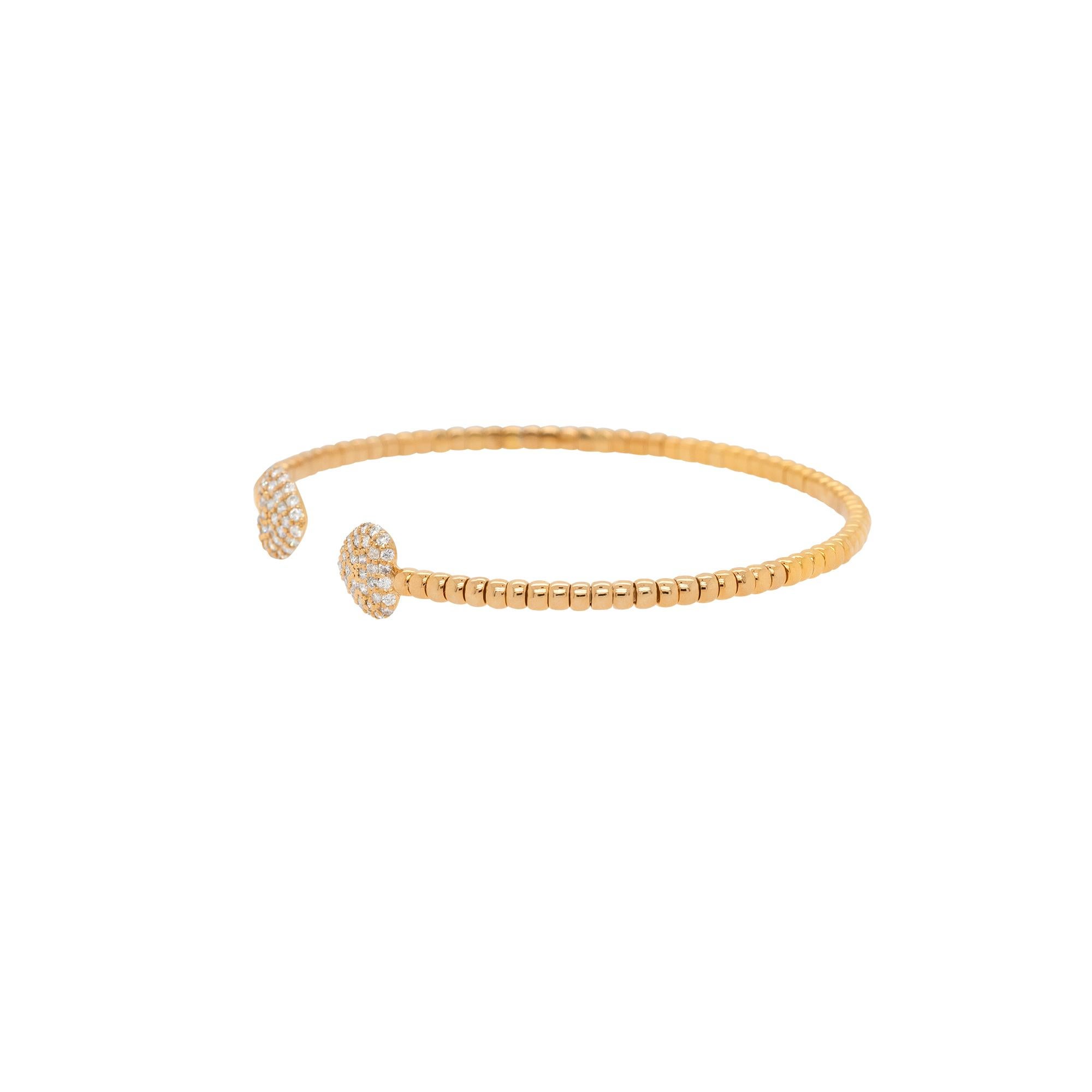 Round Cut Yellow Gold Diamond Pave Open Cuff Heart Bangle Bracelet 14 Karat in Stock