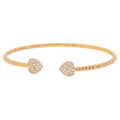 Yellow Gold Diamond Pave Open Cuff Heart Bangle Bracelet 14 Karat in Stock
