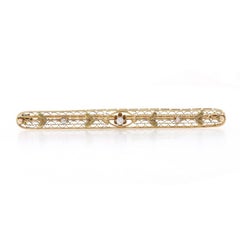 Yellow Gold Diamond & Pearl Art Deco Bar Brooch 14k Mine Ct Vintage Filigree Pin