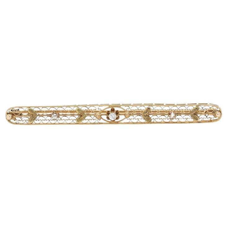 Yellow Gold Diamond & Pearl Art Deco Bar Brooch 14k Mine Ct Vintage Filigree Pin For Sale
