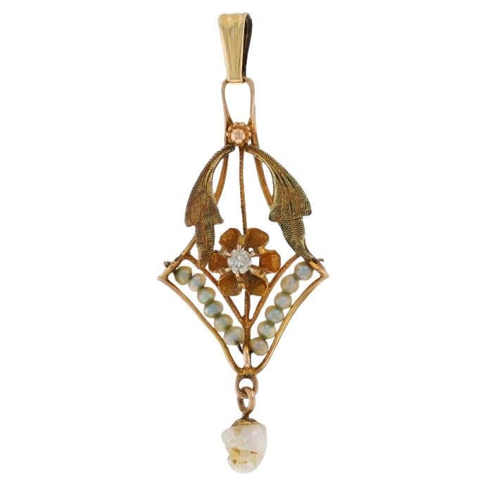 Yellow Gold Diamond & Pearl Art Deco Lavaliere Pendant 10k & Gold Filled Vintage For Sale