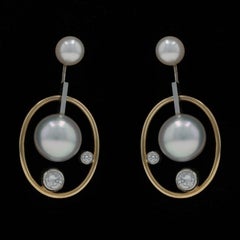 Yellow Gold Diamond Pearl Dangle Earrings - 18k Round Brilliant .40ctw Pierced