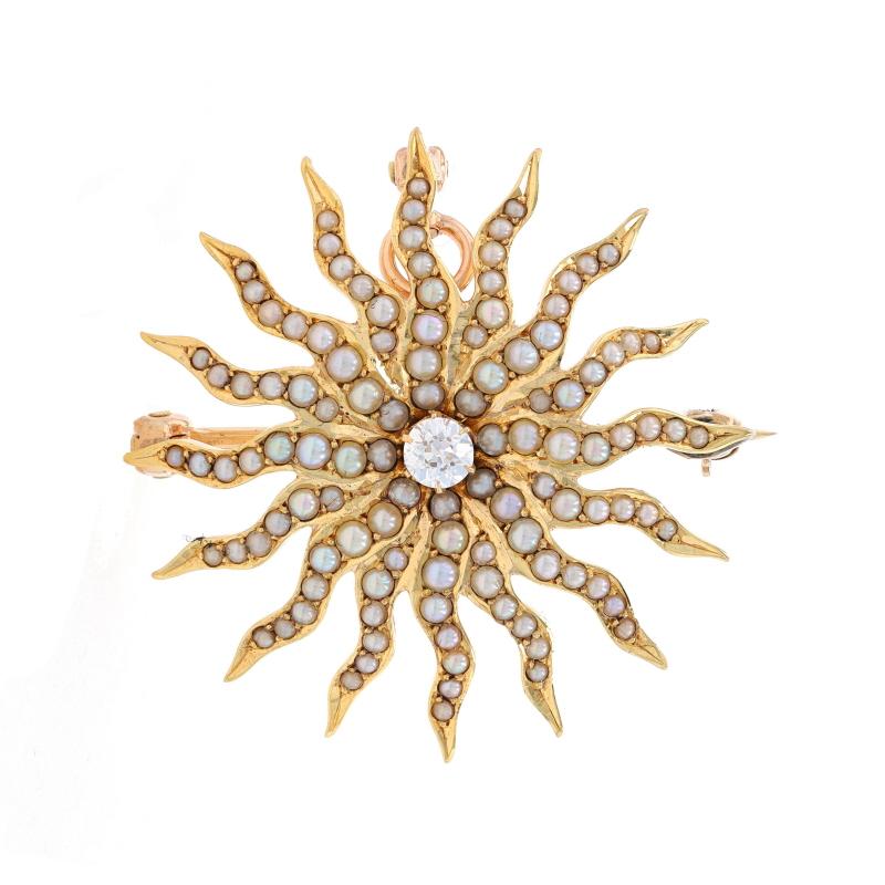 Era: Edwardian
Date: 1900s - 1910s

Metal Content: 18k Yellow Gold

Stone Information
Natural Diamond
Carat(s): .18ct
Cut: European
Color: G
Clarity: VS2

Natural Seed Pearls

Total Carats: .18ct

Style: Watch Pin Brooch/Pendant
Fastening Type:
