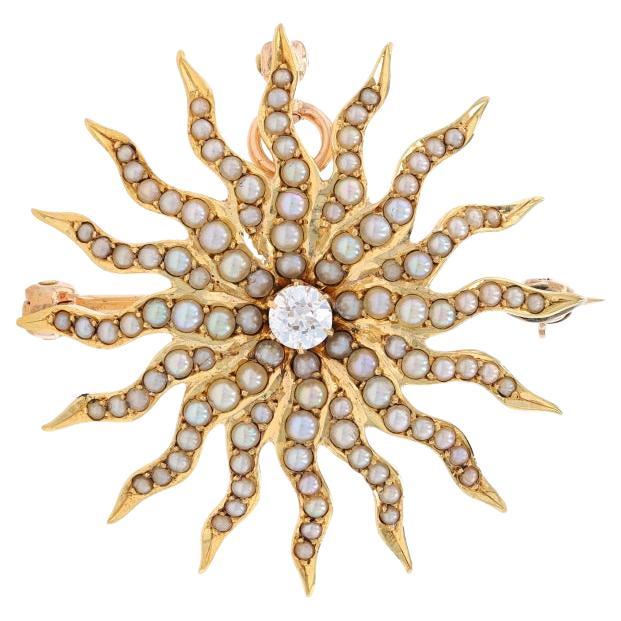 Yellow Gold Diamond Pearl Edwardian Watch Pin Brooch/Pendant - 18k Euro Antique