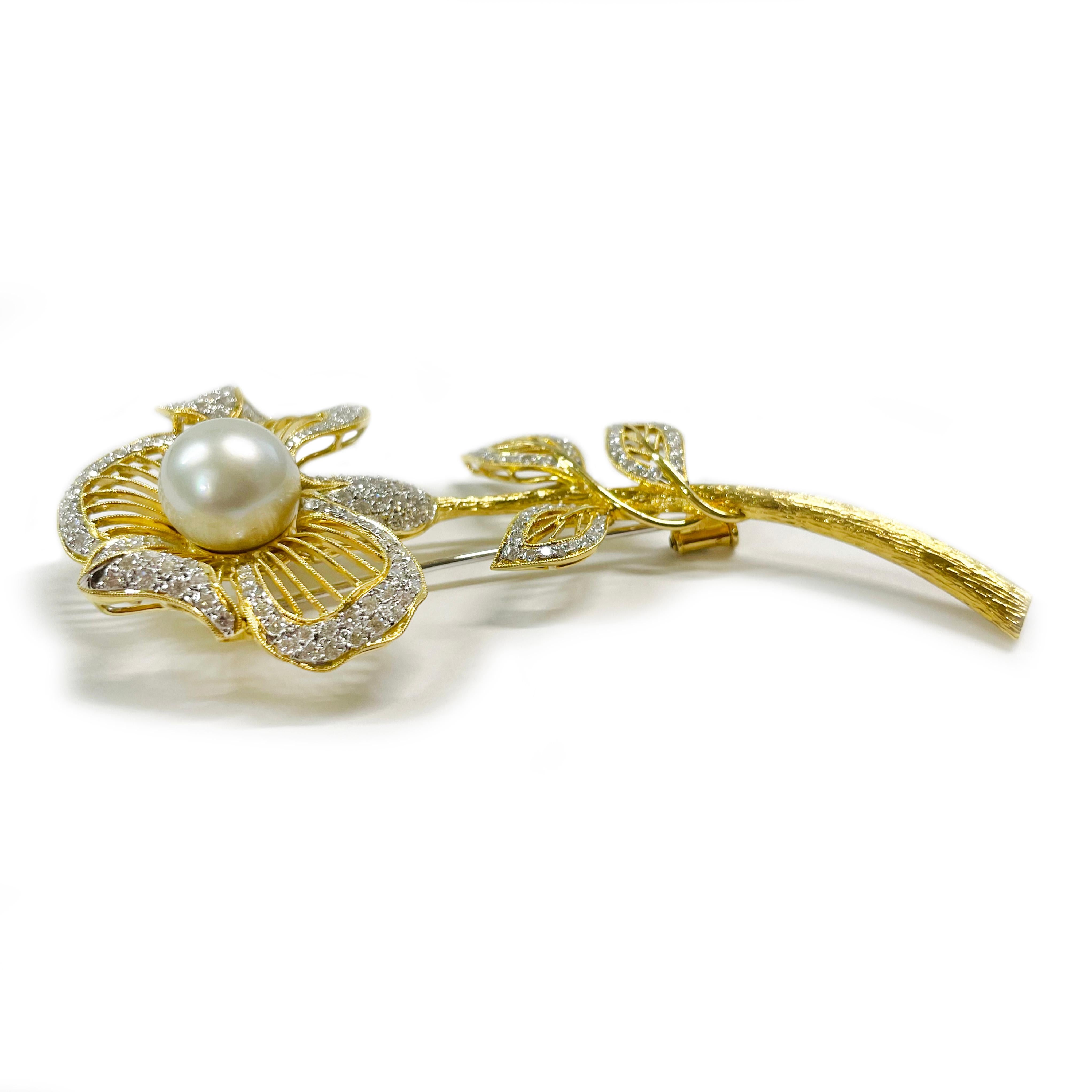 Retro Yellow Gold Diamond Pearl Flower Brooch For Sale