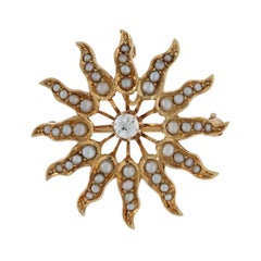 Yellow Gold Diamond Pearl Sunburst Brooch/Pendant 14k European .16ct Antique Pin