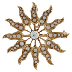 Yellow Gold Diamond Pearl Sunburst Brooch/Pendant 14k European .16ct Antique Pin