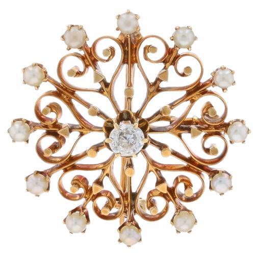 Yellow Gold Diamond Pearl Victorian Medallion Brooch/Pendant -14k Mine .24ct Pin