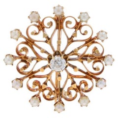 Oro Amarillo Diamante Perla Medallón Victoriano Broche/Colgante -14k Mina .24ct Alfiler