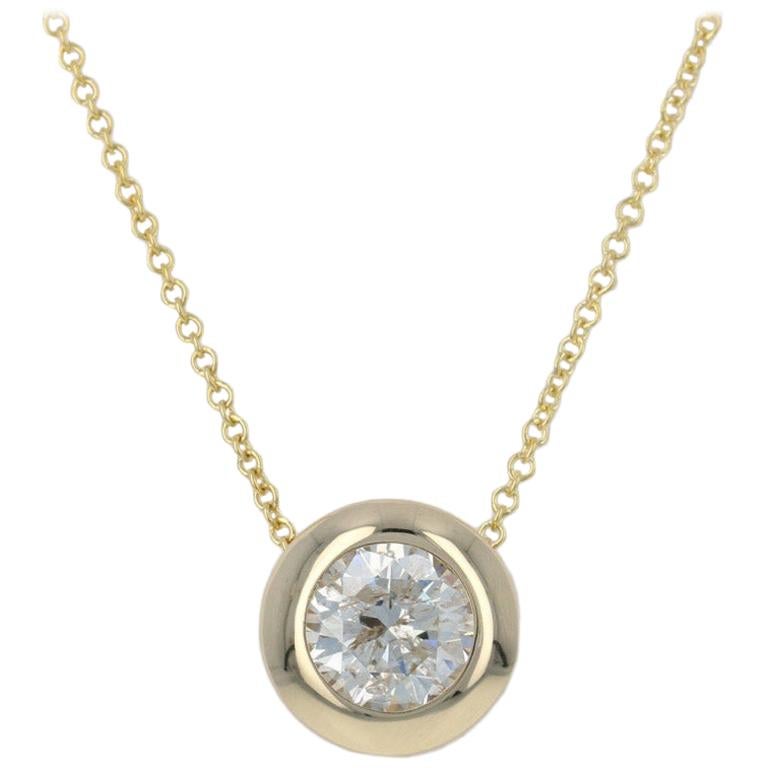 Yellow Gold Diamond Pendant Necklace, 14 Karat Round Brilliant Cut 1.00 Carat