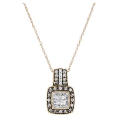 Vintage Yellow Gold Diamond Pendant Necklace, 10k Princess & Round Cut .33ctw Halo