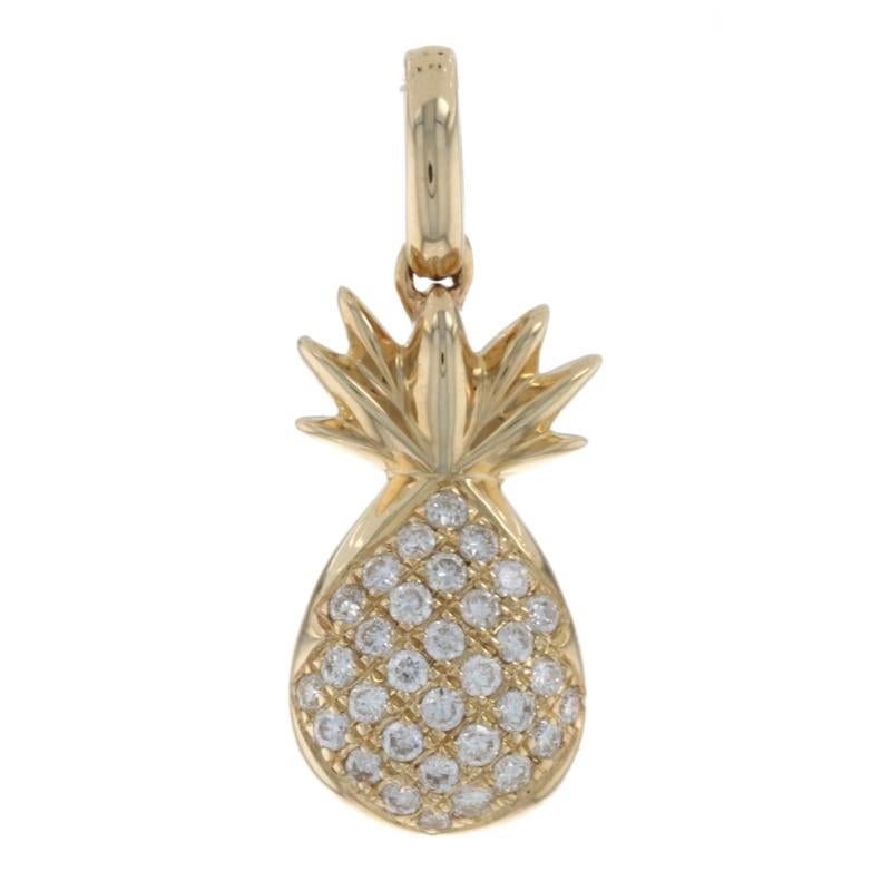 Metal Content: 14k Yellow Gold 

Stone Information: 
Natural Diamonds
Total Carats: .16ctw
Cut: Round Brilliant
Color: G   
Clarity: SI1 

Theme: Pineapple, Tropical Fruit, Hospitality

Measurements:
Tall (from stationary bail): 19/32